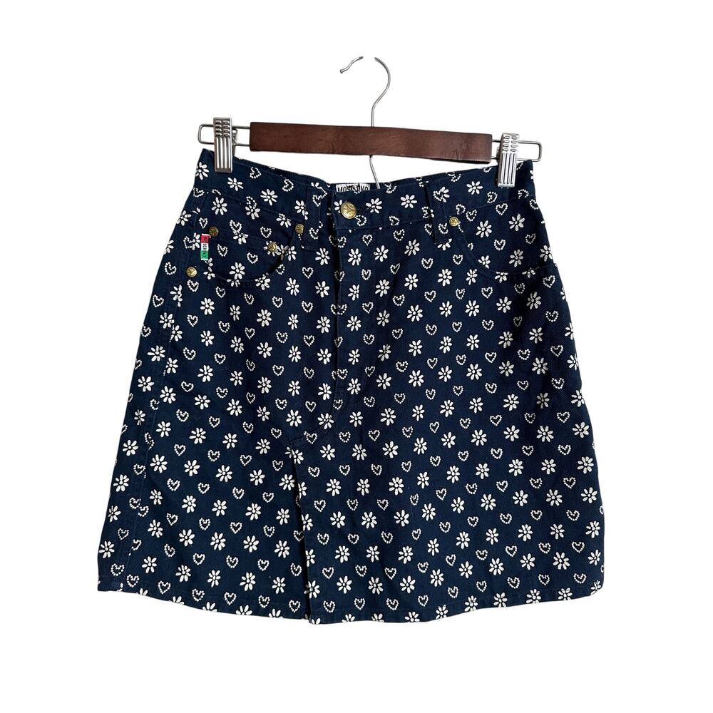 Vintage Moschino Denim Mini Skirt Daisy Heart Print Womans Small